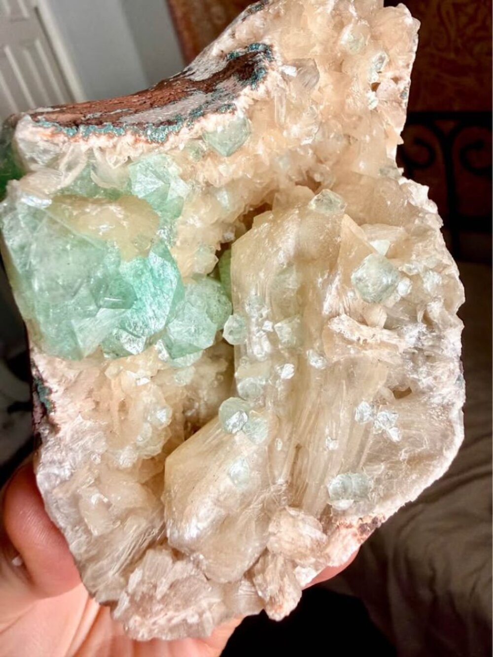 Large Green Apophyllite on Peach Stilbite Crystal Cluster 476g Natural Mineral S